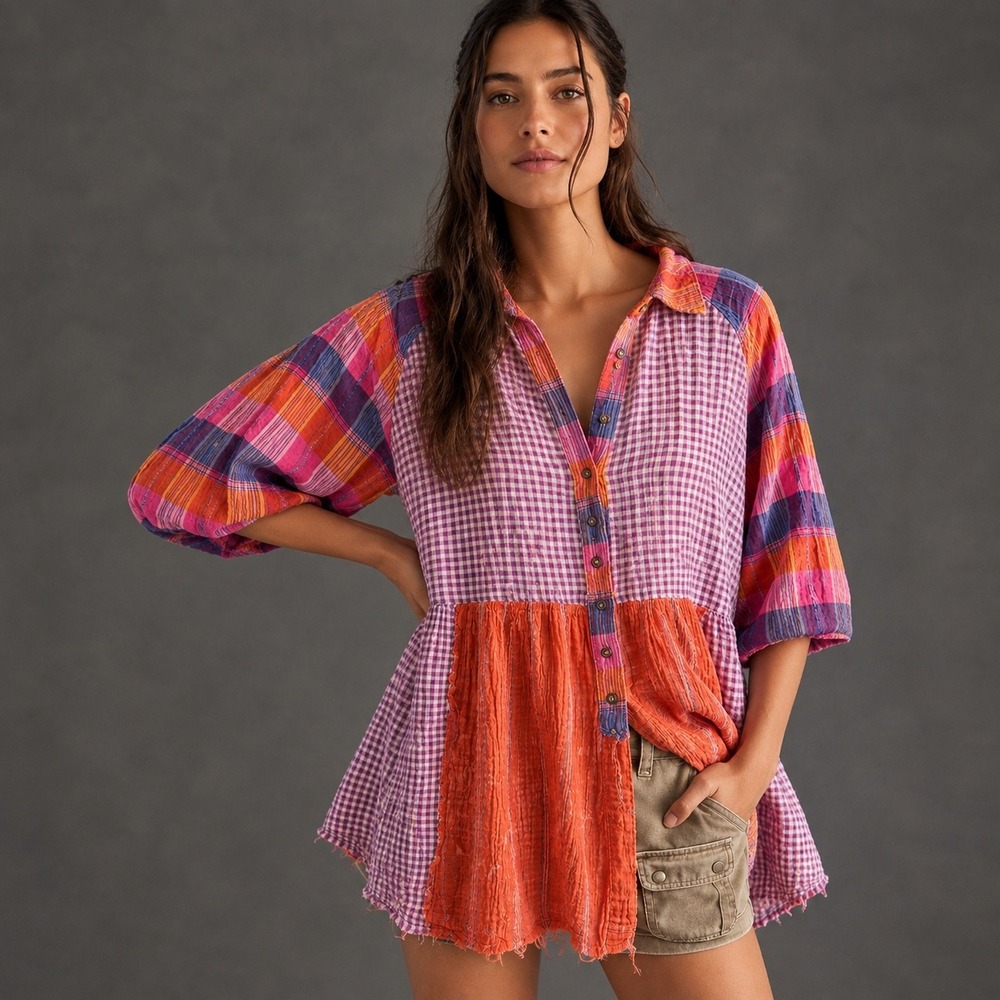 Free People We The Free Sunshine Bay Tunic Top Mixed Print Gingham Plaid Medium